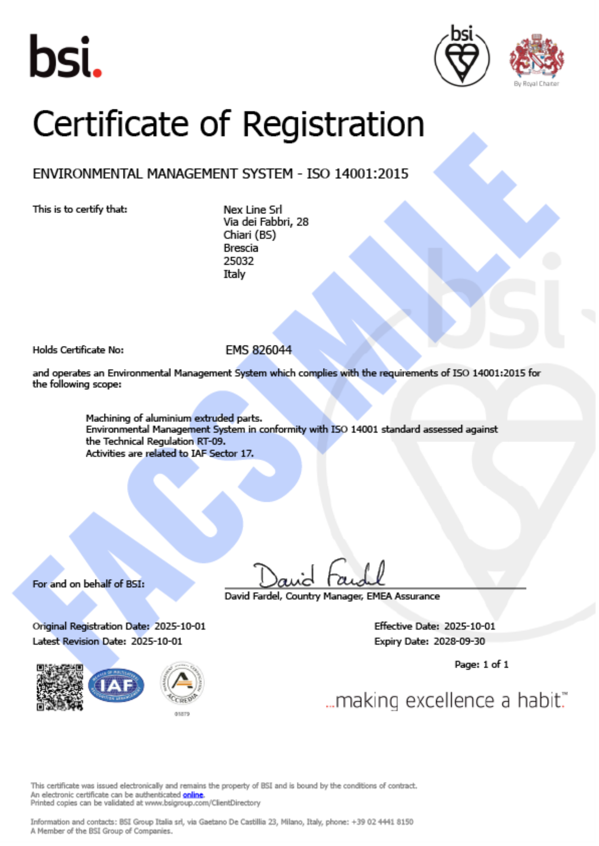 Certificazione ISO 14001:2015 - Nex Line - Profilati in alluminio ed accessori