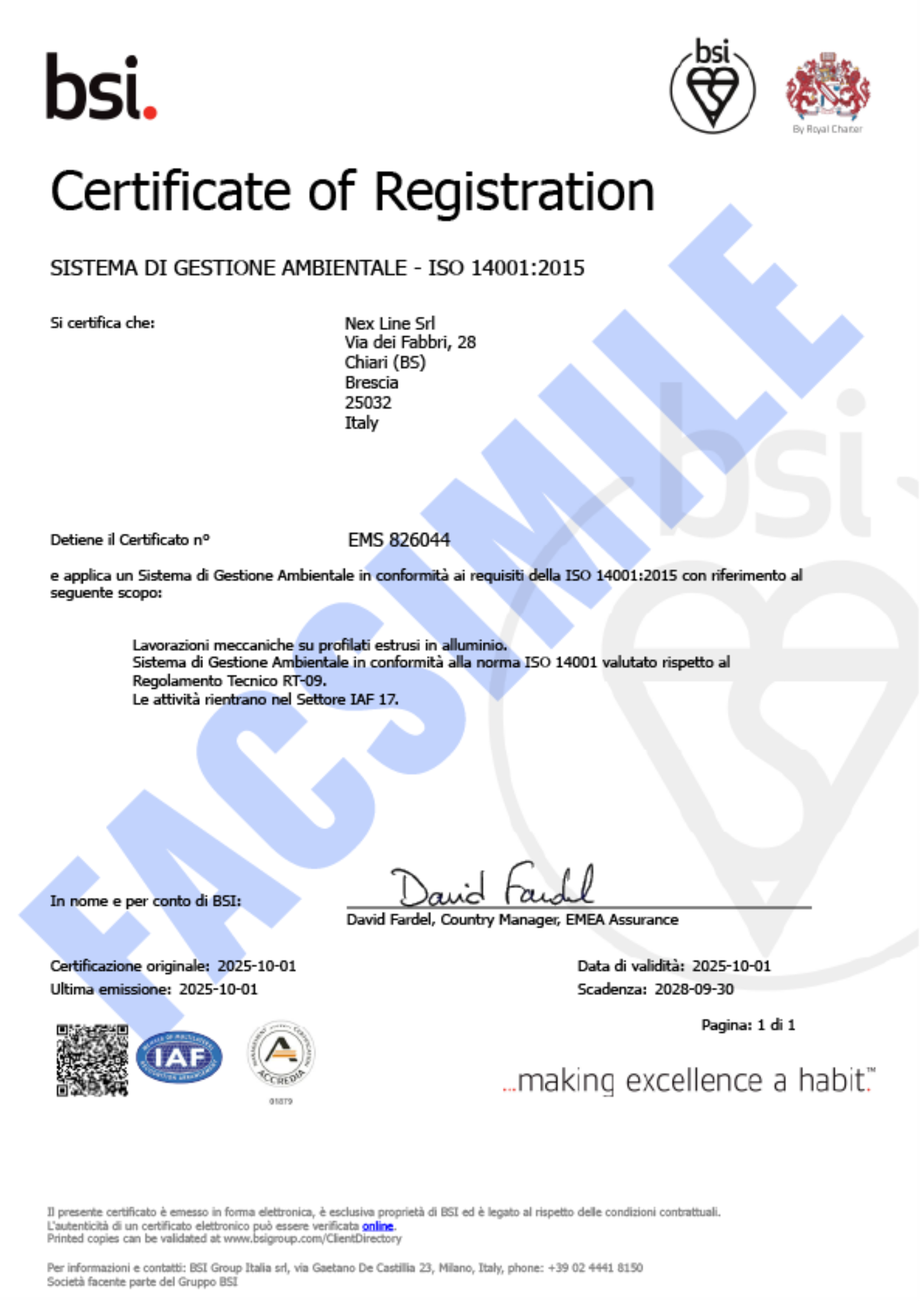 Certificazione ISO 14001:2015 - Nex Line - Profilati in alluminio ed accessori