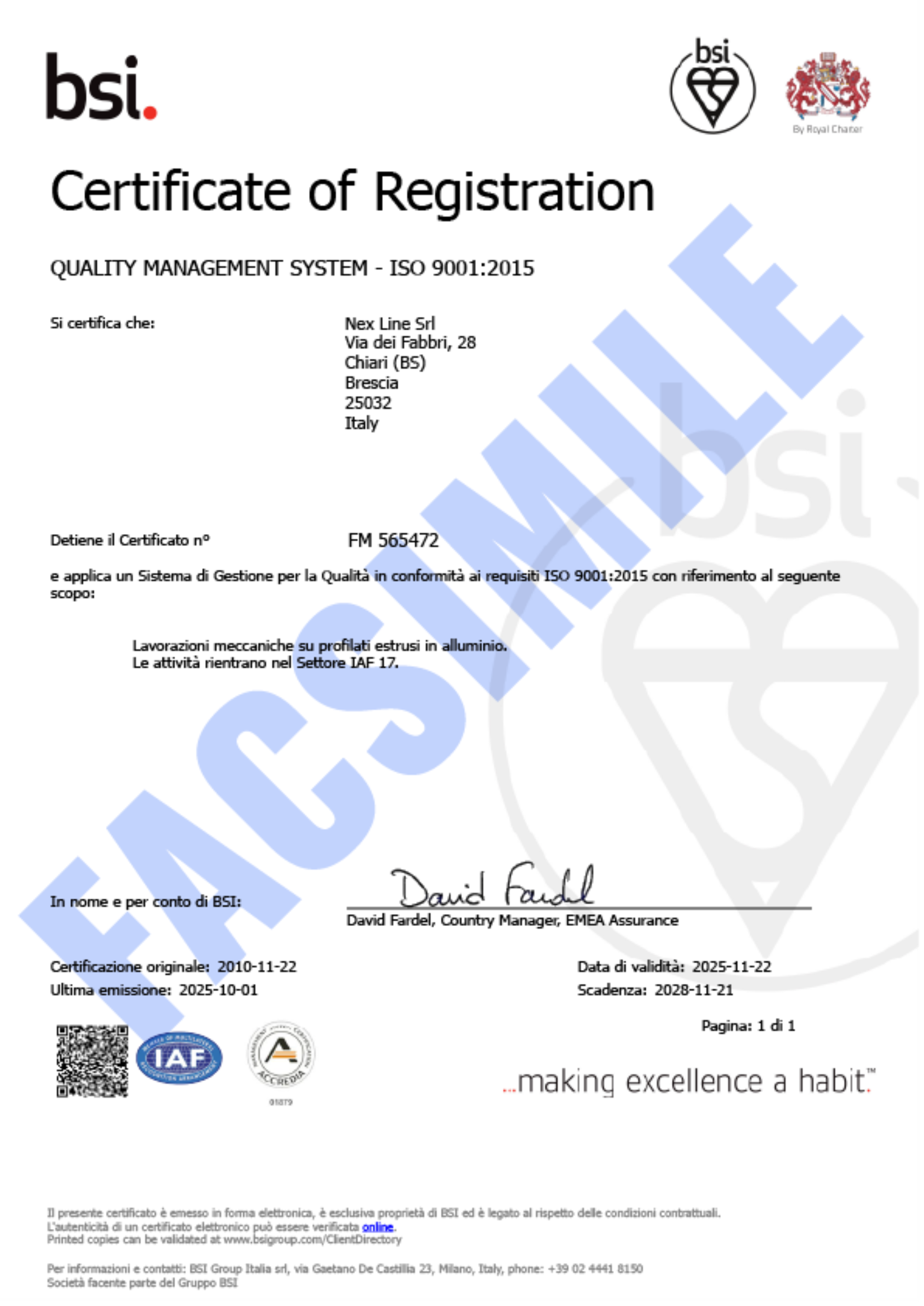 Certificazione ISO 9001:2015 - Nex Line - Profilati in alluminio ed accessori