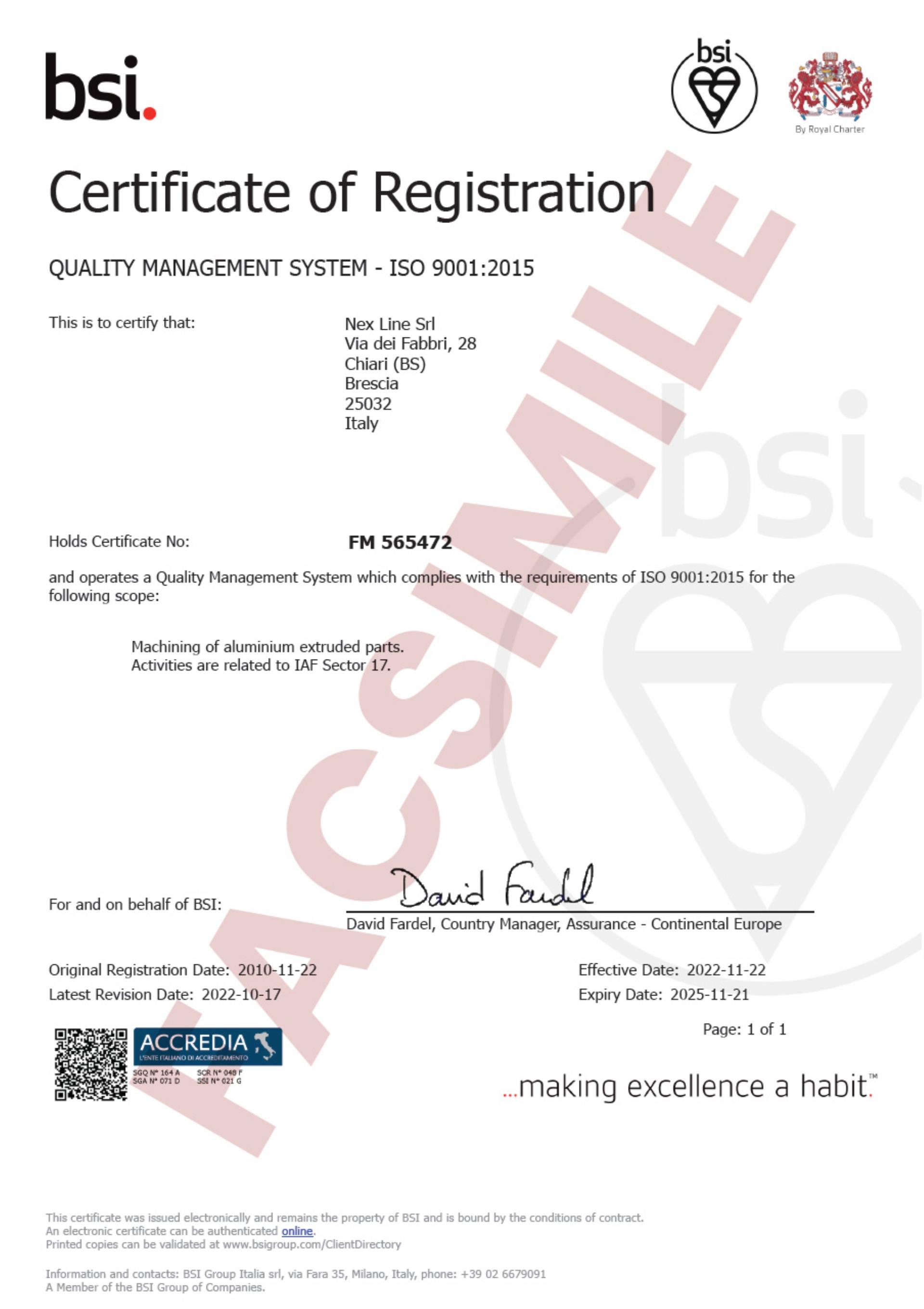 Certificazione ISO 9001:2015 - Nex Line - Profilati in alluminio ed accessori